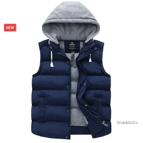 Men's Thick Winter Vest Water-Resistant Puffer Jacket Removable Hood